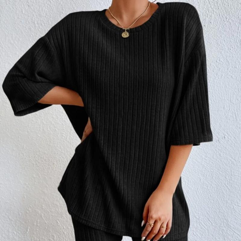 

Новый модный повседневный однотонный весенний комплект из свободных женских шорт с круглым вырезом S чёрный