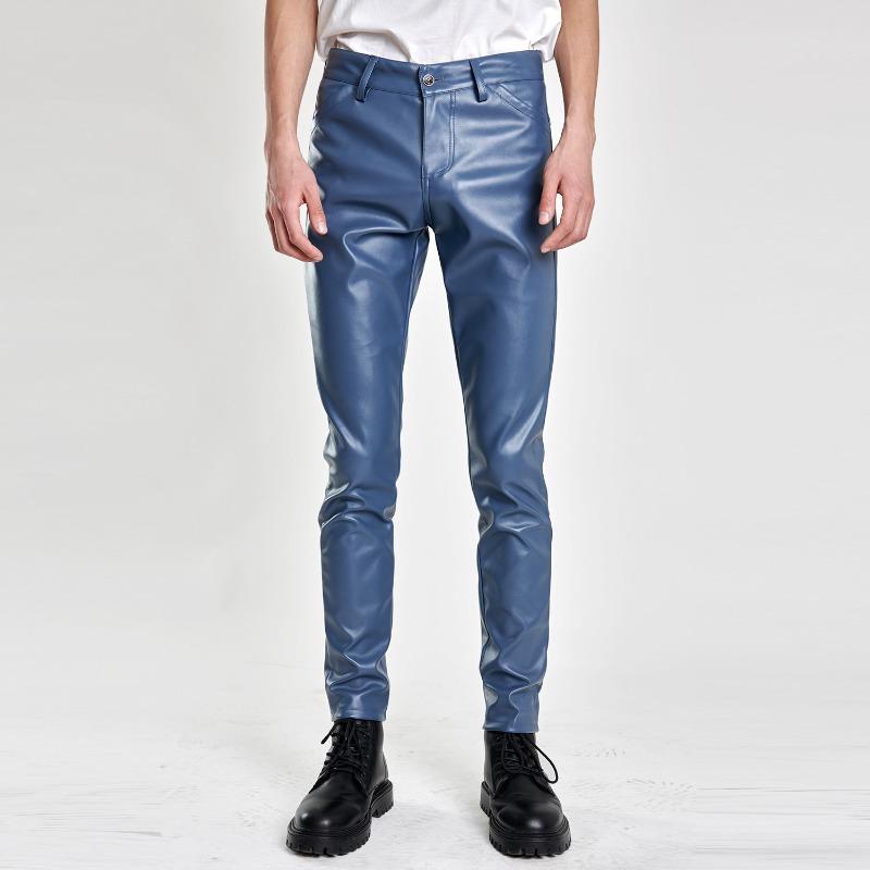 Pantaloni Lunghi Casual da Uomo Elasticizzati Slim Fit Sottili in Vera Pelle PU Monocolore