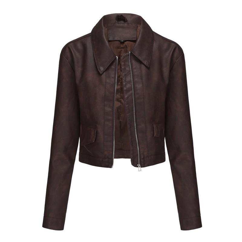 Womens Lightweight PU Leather Jacket Long Sleeve Casual Coat With Zipper Pocket Flip Collar