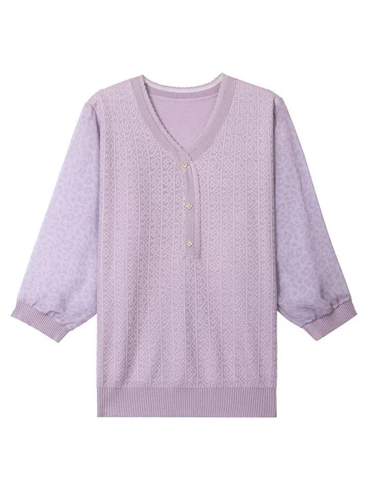 V-Neck Solid Color Knit Sweater T-Shirt for Women - Stylish Spring/Summer Sheer Sleeve Top for Middle-Aged and Elderly