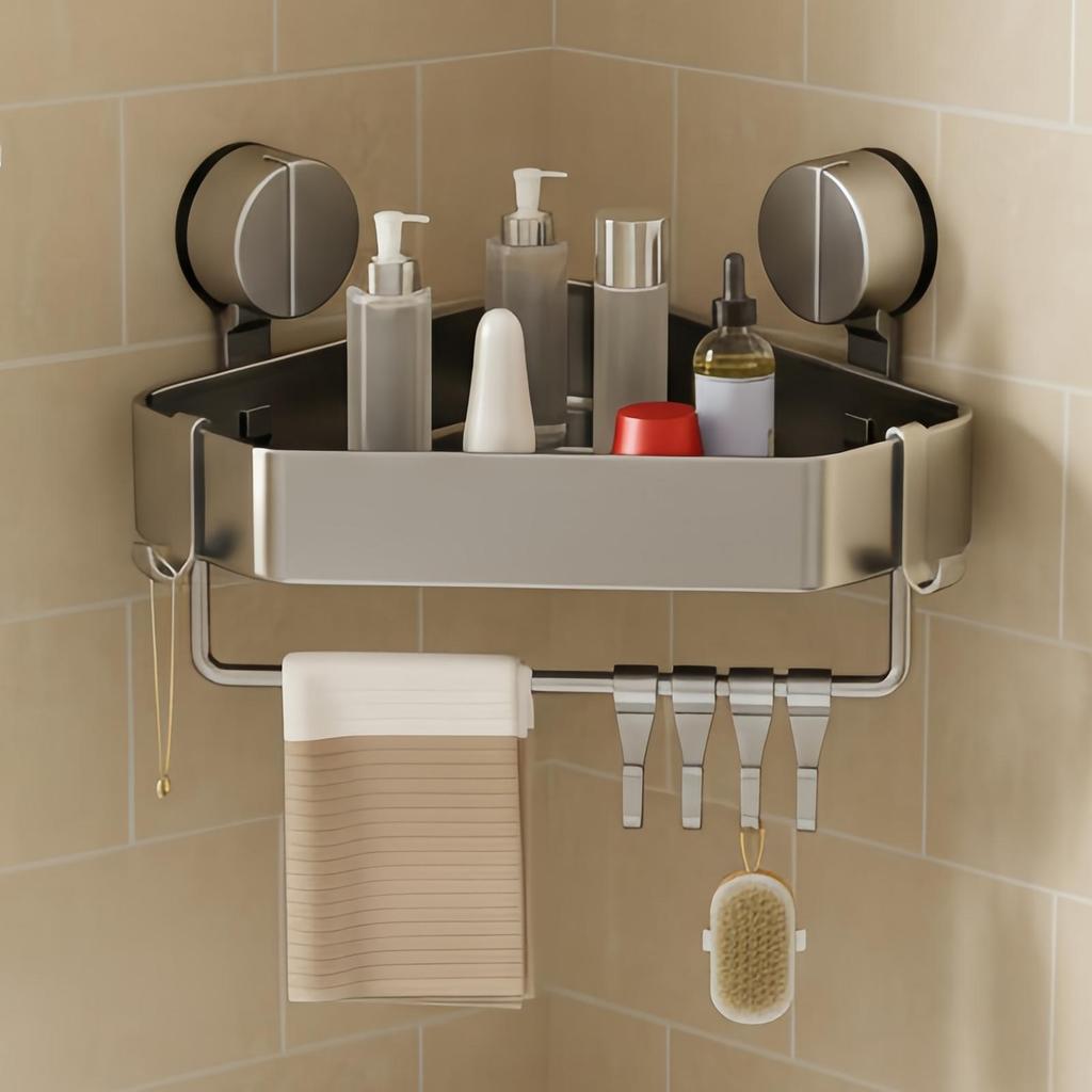Space-Saving Suction Cup Bathroom Shelf No Drilling Required Strong Triangular Rack with Hooks Suitable for Shower And Toilet