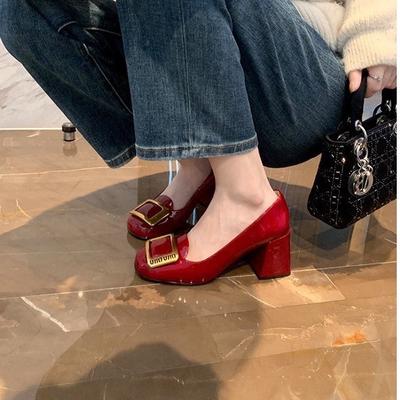 Sheepskin Version~ Round Head Square Buckle High Heels Women's Shallow Mouth Thick Heel Single Shoes Leather Versatile Mary Jane Shoes