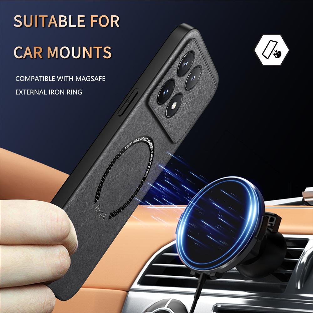 Luxury Leather Magnetic Magsafe Case for POCO X6 X5 Pro F5 Pro C65 M6 Car Mount Case Silicone Shockproof Full Protection Cover