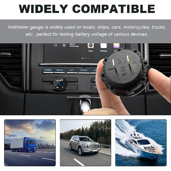 DC 12V 24 V Voltmeter Gauge, Car LED Digital Display Round Panel Voltage Gauge Meter, Waterproof Mini Volt Tester Battery Monitor Indicator for Car