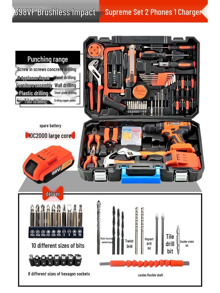 Multifunction Electric Handheld Drill & Screwdriver Set - Impact, Woodworking, Pistol Drills with Toolbox