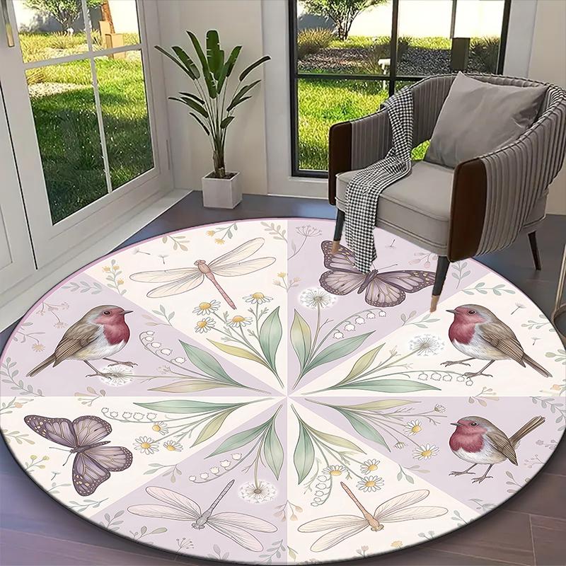 Deep Green Butterflies Carpet, Non-slip Office Chair Rug, Digital Print Home Round Rug, Unique Festival Decorations