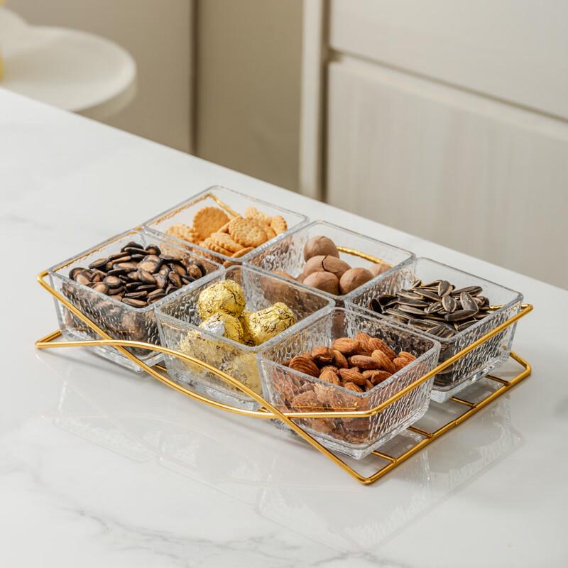 

Elegant Six-Compartment Glass Fruit Plate with Arched Stand