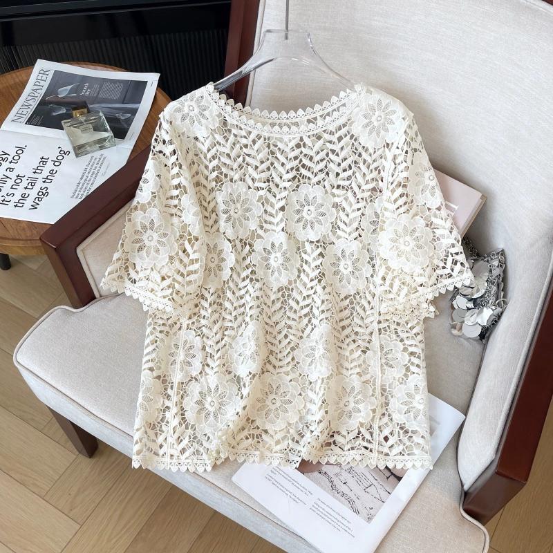 

DIMANAF 2025 Новая футболка Женская Вязание Кружево Круглый вырез Ажурный Летний стиль Базовые топы Футболки Свободная одежда One Size чёрный