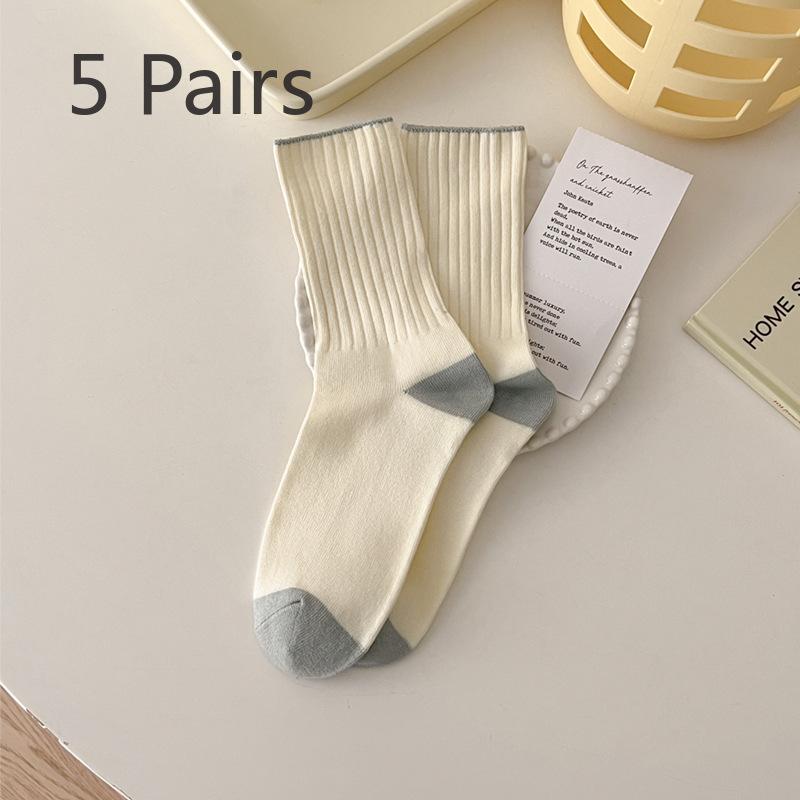 5 Paar Damen Frühling und Herbst Einfache Kontrastfarbene Baumwoll-Kniestrümpfe