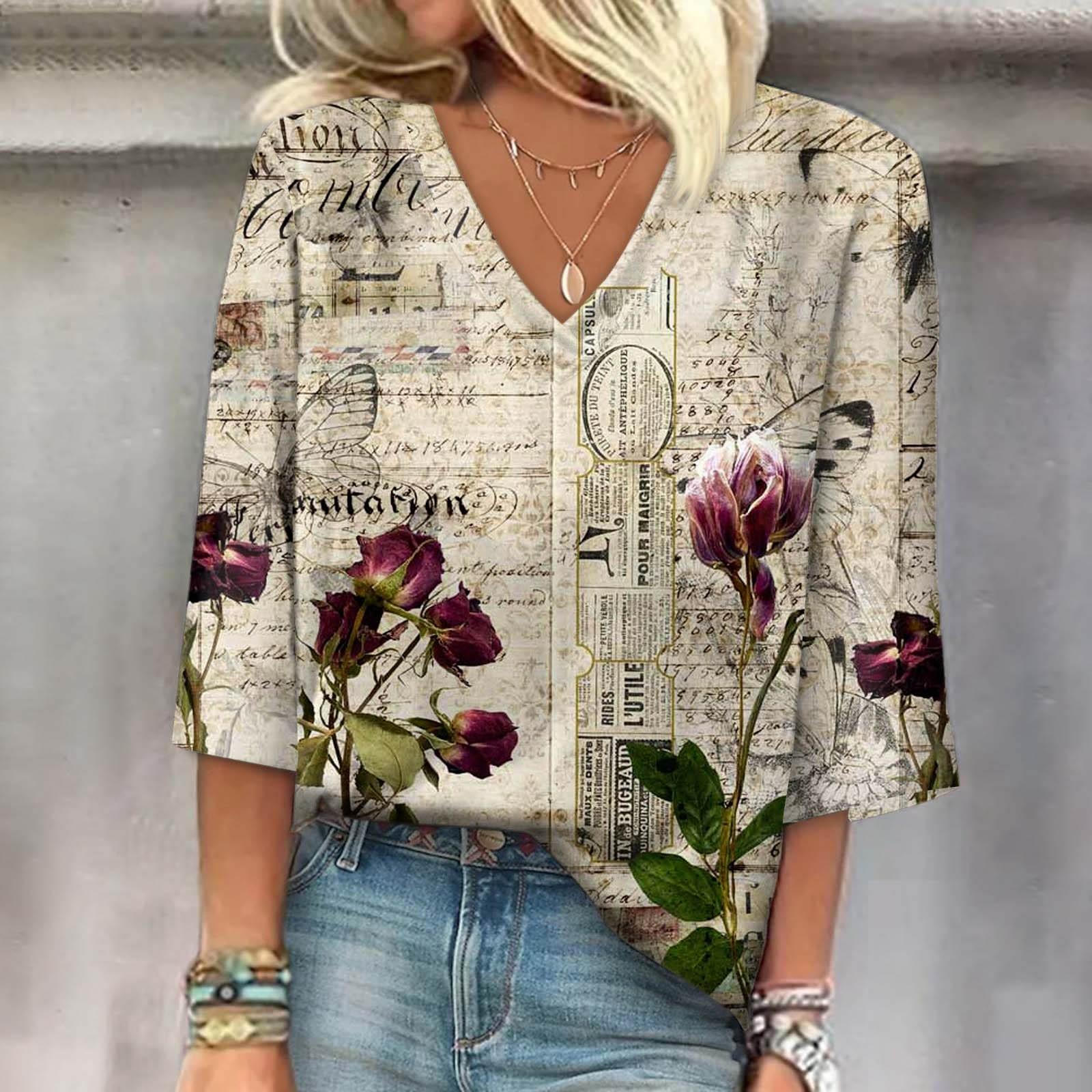 

3/4 Sleeve Shirts For Women Pattern Print Graphic Button Tees Blouses Casual Plus Size Basic Tops Pullover XL хакі
