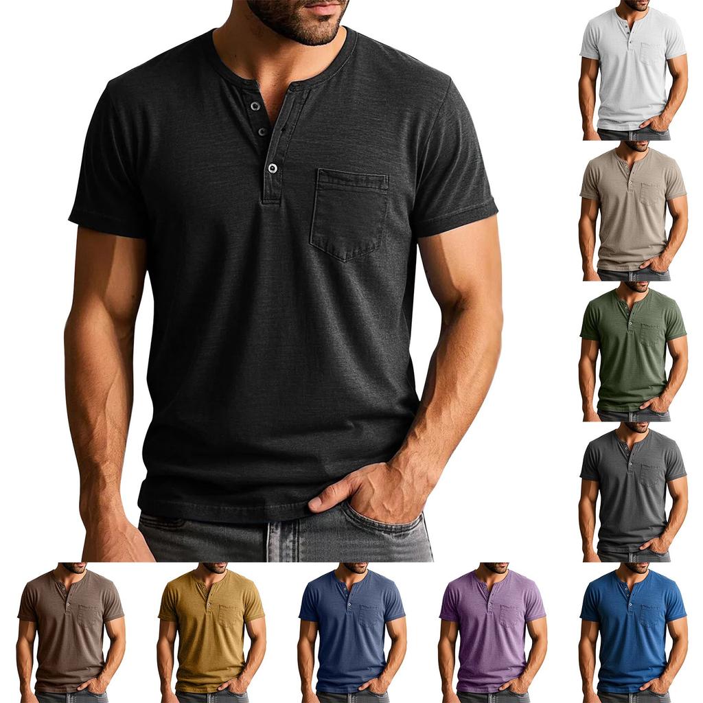 Men's Summer Solid Color Button Collar Short Sleeve Tops Men's Casual Loose Fashion Tops