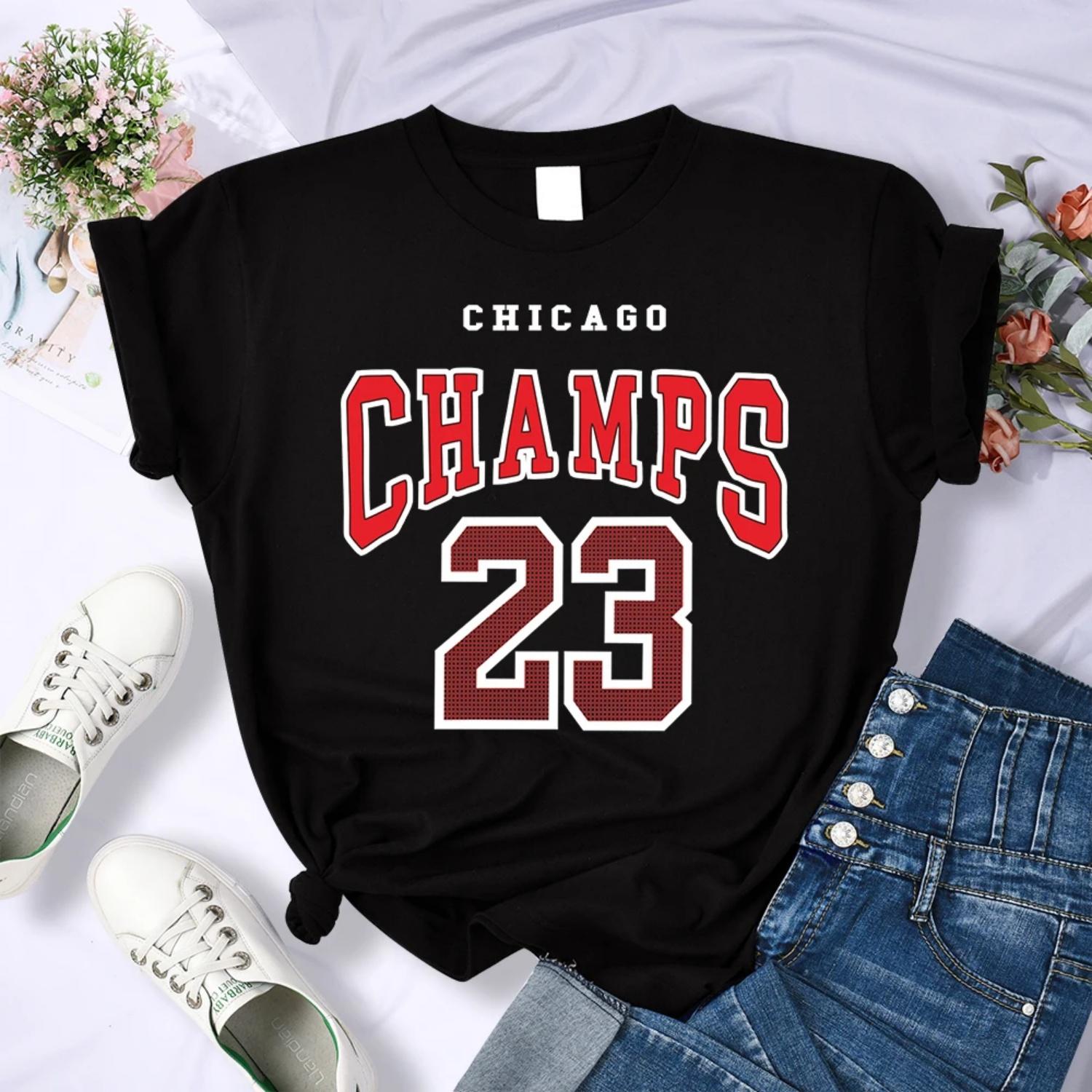 Стритвир CHICAGO CHAMPS 23 Принт Футболки Женские Оверсайз Свободная Футболка Дышащая Потоотводящая Одежда Модные Летние Топы с Круглым Вырезом S чёрный