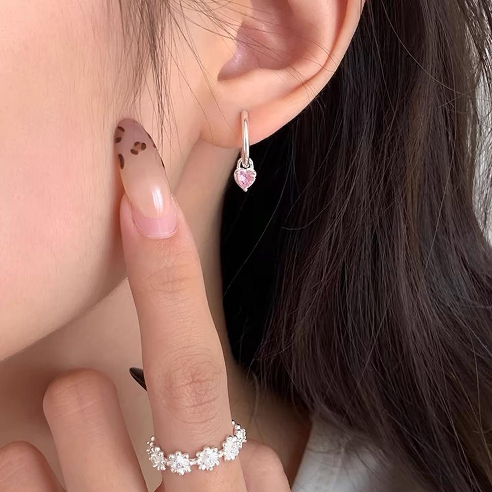 S999 Sterling Silver Pink Heart Zircon Pendant Earrings for Women - Simple Exquisite Design