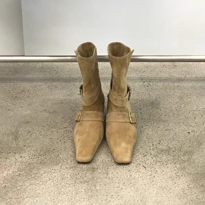 

Осень-зима 2025 корейская версия новый нишевый дизайн ретро французские короткие ботильоны маленький квадратный носок ковбойские сапоги полусапоги женские сапоги 40 хаки