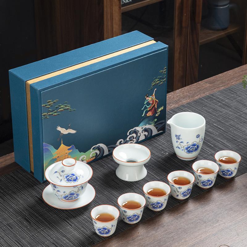 Kung Fu tea set commercial blue and white porcelain simple teacup ceramic tea cover bowl gift box business gift