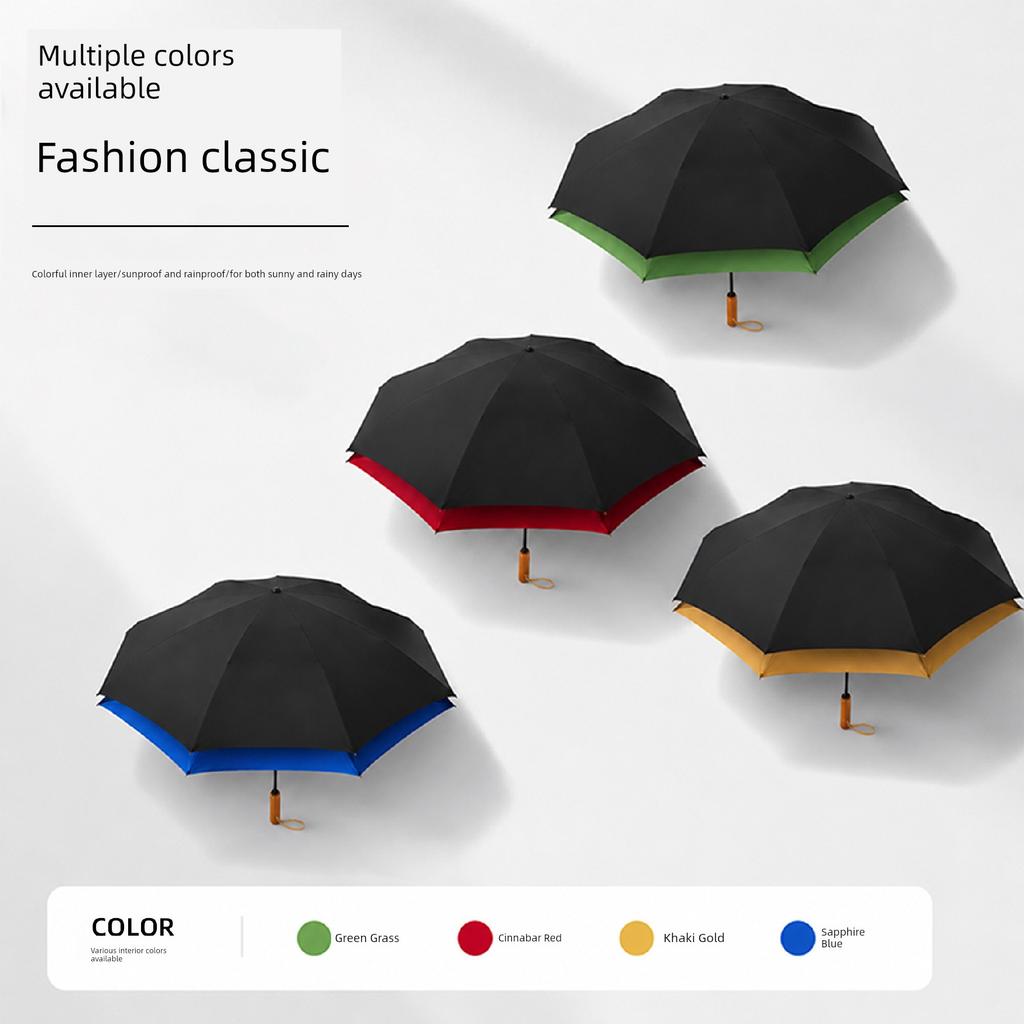 Ten-Bone Solid Wood Handle Automatic Umbrella with Colorful Coating, Sun Protection, Uv Protection, Reinforced, Storm-Resistant, Suitable for Both