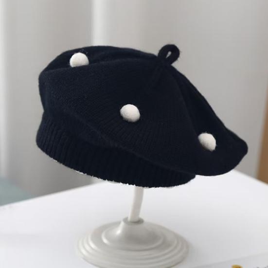 French Style Beret Hat Plush Ball Decor Baby Beret Hat with Anti-Slip Design Elastic Fit Warm Knitting Hat Autumn Winter Headwear