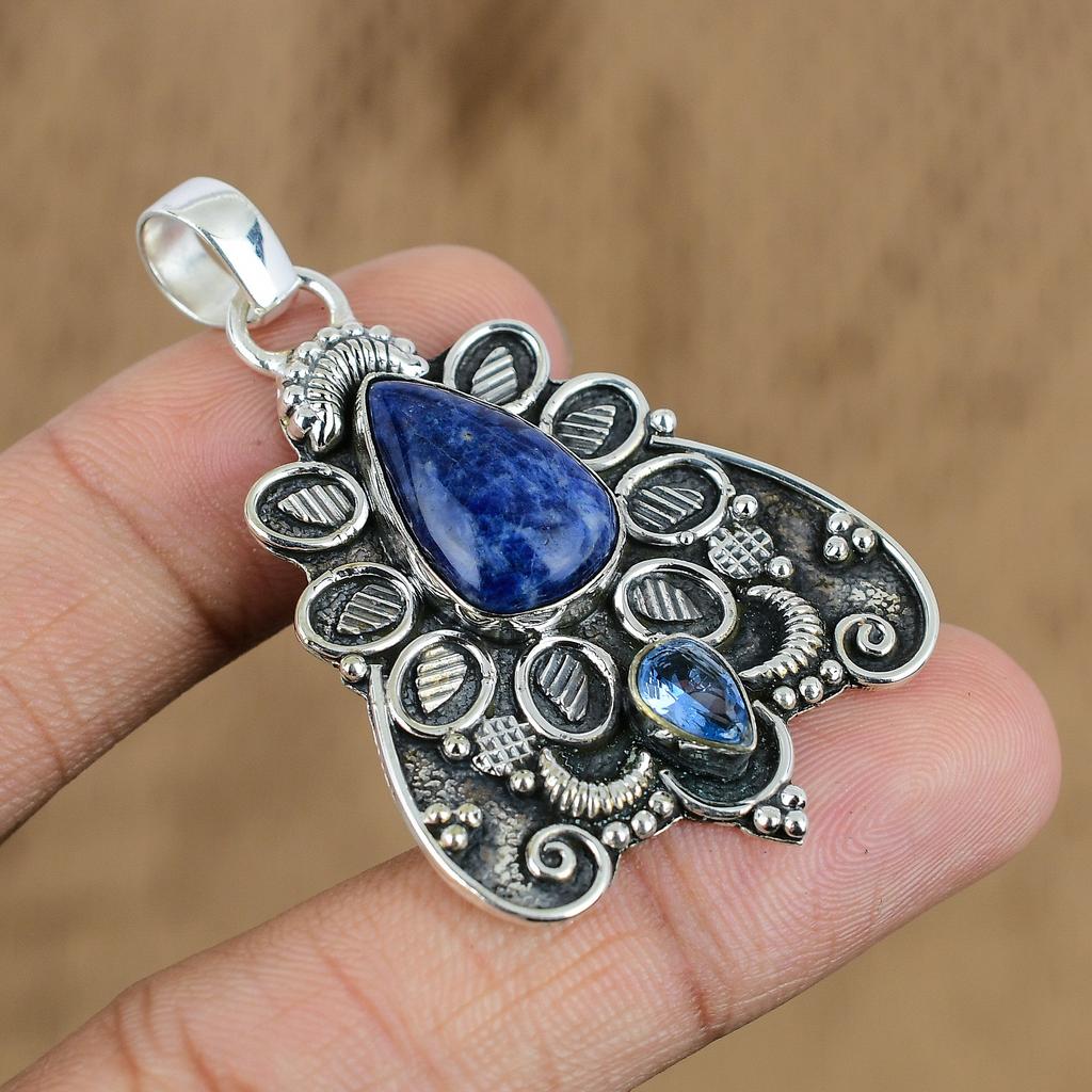 Natural Sodalite Gemstone Pendant Handmade 925 Sterling Silver Indian Jewelry