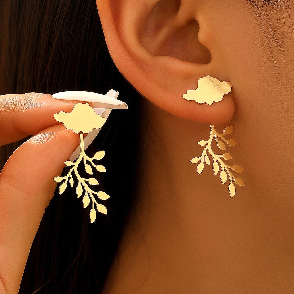 Personalized Leaf Branch Stud Earrings For Women Glossy 3D Niche Rear Hanging Fashion Jewelry