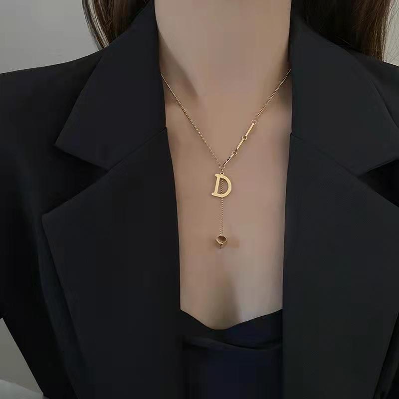 316L Stainless Steel Fashion Fine  Elegant Noble Letter D Sexy Cube Tassel Charms Chain Choker Necklace Pendant For Women
