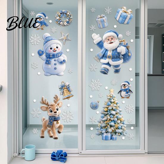 Winter Wonderland Wall Decals 4Pcs Christmas Static Window Clings Blue Santa Snowman Reindeer Penguin Double Sided Decorations Stickers Reusable