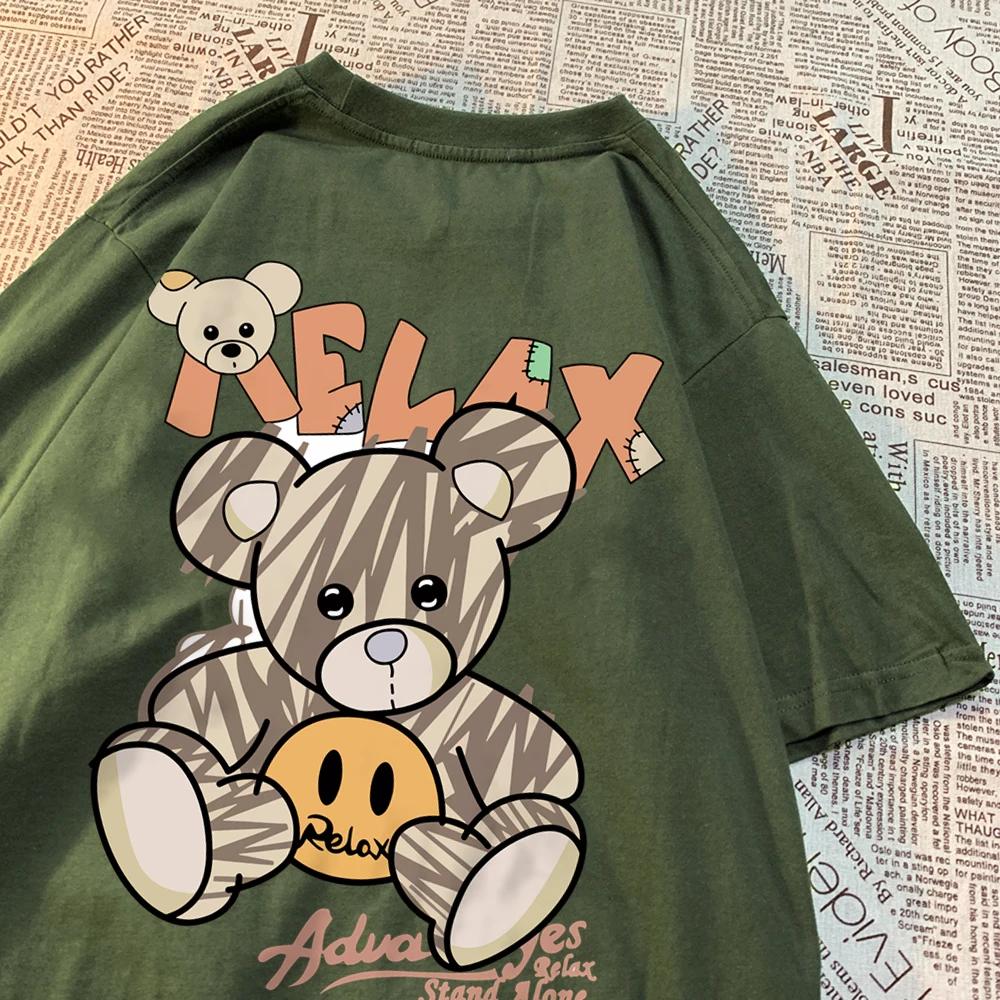 Relax Oneself Teddy Bear Men Women T-Shirt Street Cotton T Shirt Crewneck Breathable Tops Loose Summer T Shirt Crewneck Fashion