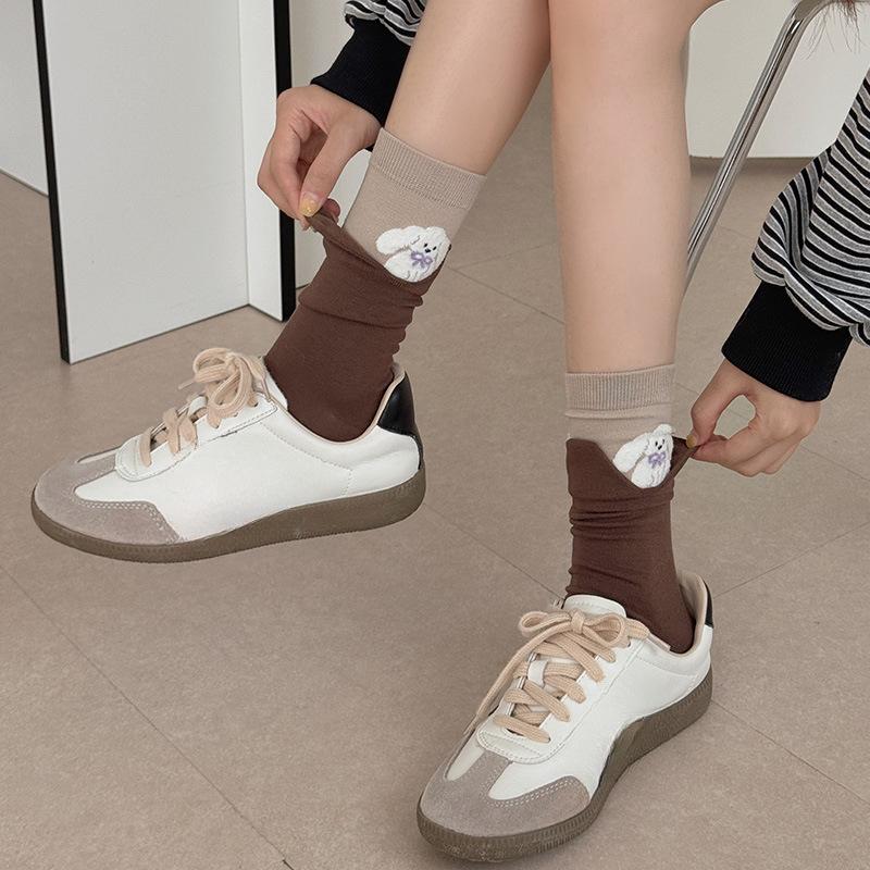 Velvet Cartoon Animal Socks for Women, Autumn Patchwork Fake Two Mid-calf Socks In Contrasting Colors, Boneless Pile Socks