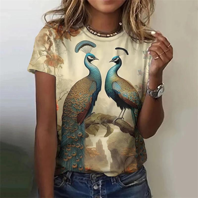 Fashion Retro Peacock Feather 3D Print Woman Harajuku Personality Short Sleevet Colorful O-neck Tops
