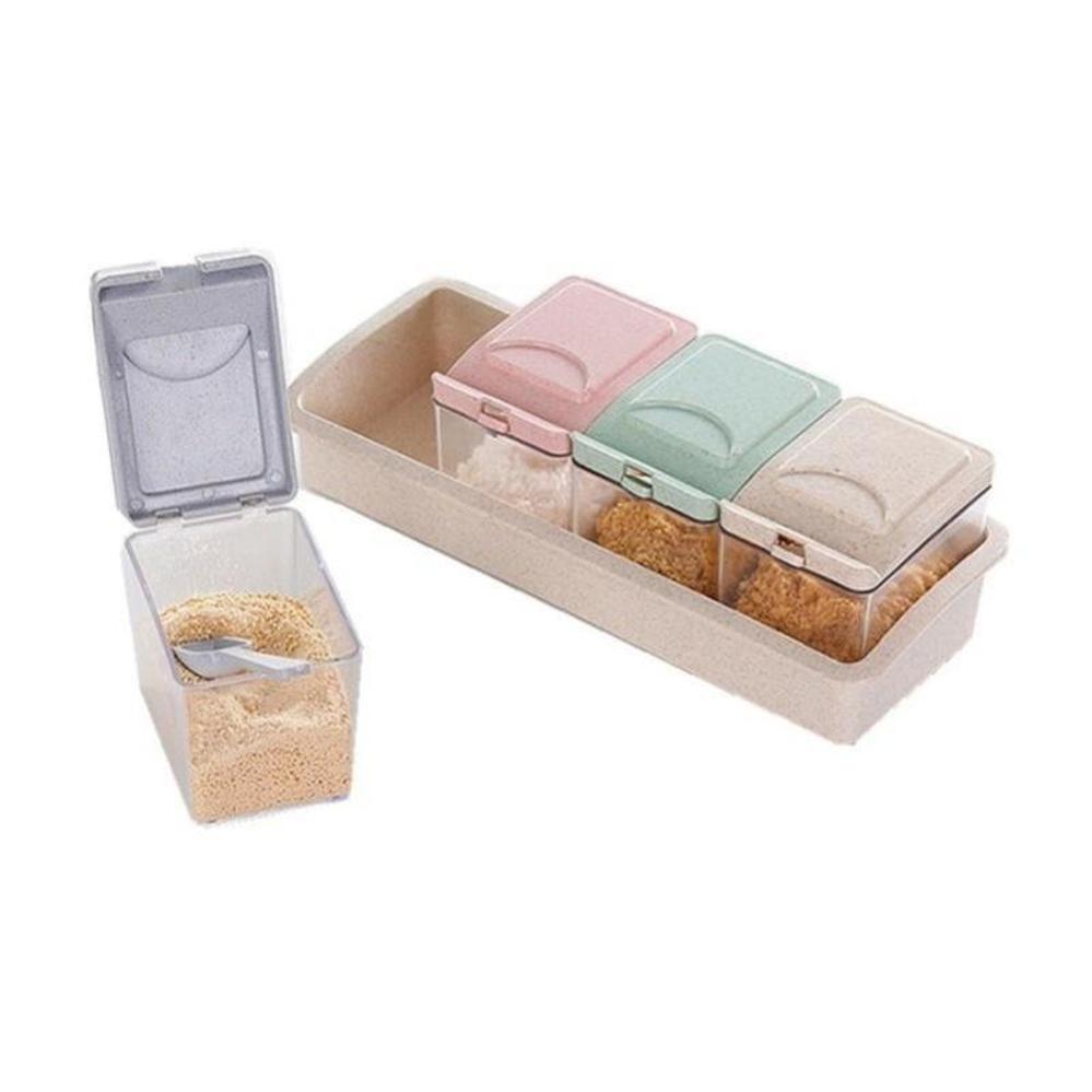 4 Grid Wheat Straw Seasoning Box With Spoon Detachable Seasoning Jar Kitchen Seasoning Box Plastic Seasoning Box Bottle Can Set