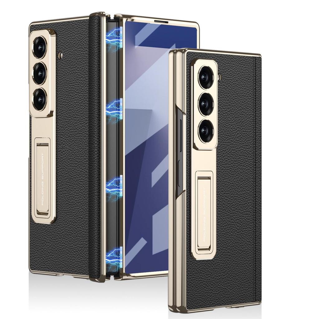 Samsung Z Fold7 Electroplated Leather Magnetic Case with Bracket - Anti-drop Protective Cover