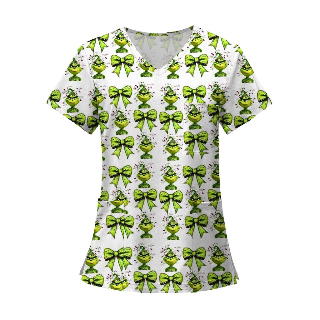 Women's Fashion Printed Short Sleeve V Neck Pattern Tops Pocket Working T-shirts