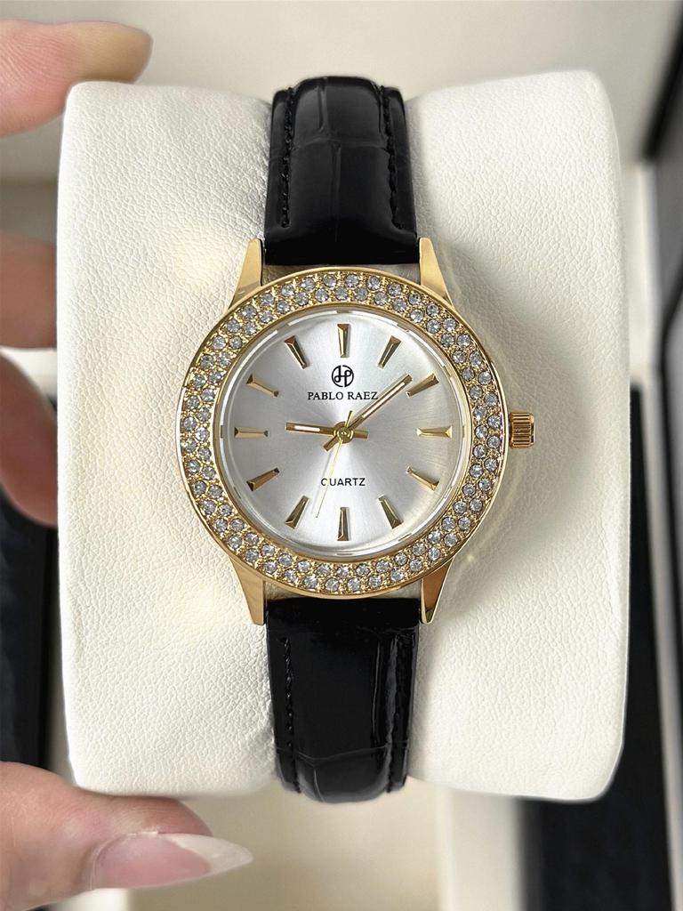Pablo Raez Women's Quartz Rhinestone Watch with Leather Strap - Trendy & Versatile Gift