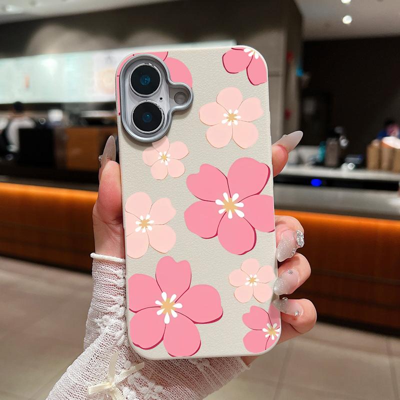 For iPhone 17 Pro Max Case Fresh Style Cherry Blossom Pattern Leather Texture Soft Silicone Cover For iPhone 16 15 14 13 Pro 12 11 16E Air