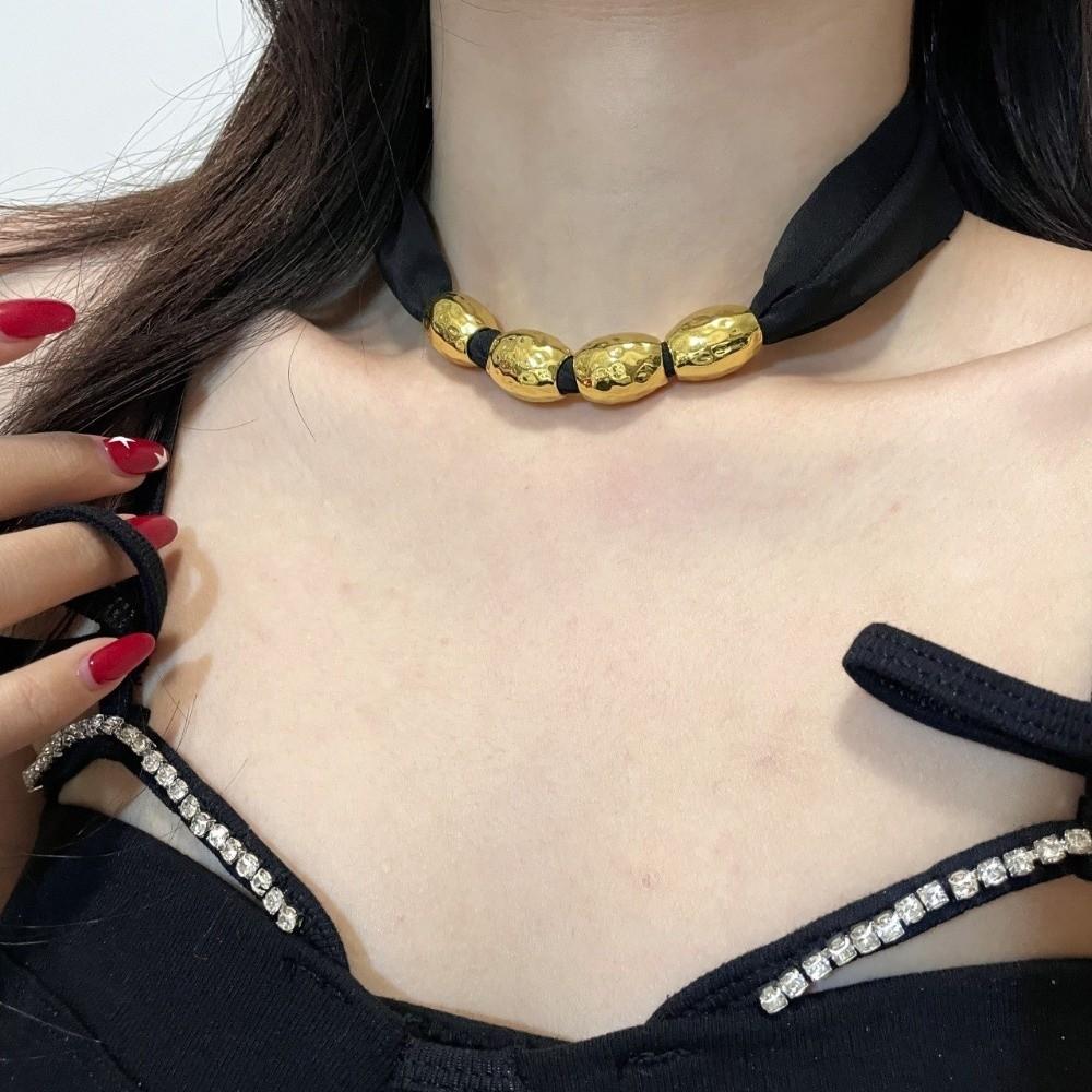 Personality Lace-up Collarbone Chain Elegant Ribbon Choker Beaded Silk Scarf Necklace  Gift