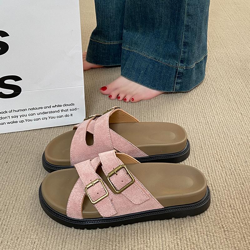 2025 Summer Open Toe Women Flats Slippers Shoes Fashion Cross Buckle Outdoor Beach Vacation Ladies Slides