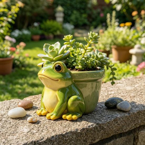 Frog Flowerpot, Decorative Resin Frog Planter, Fade-Resistant Herb Pot Garden Accent, for Home Decoration