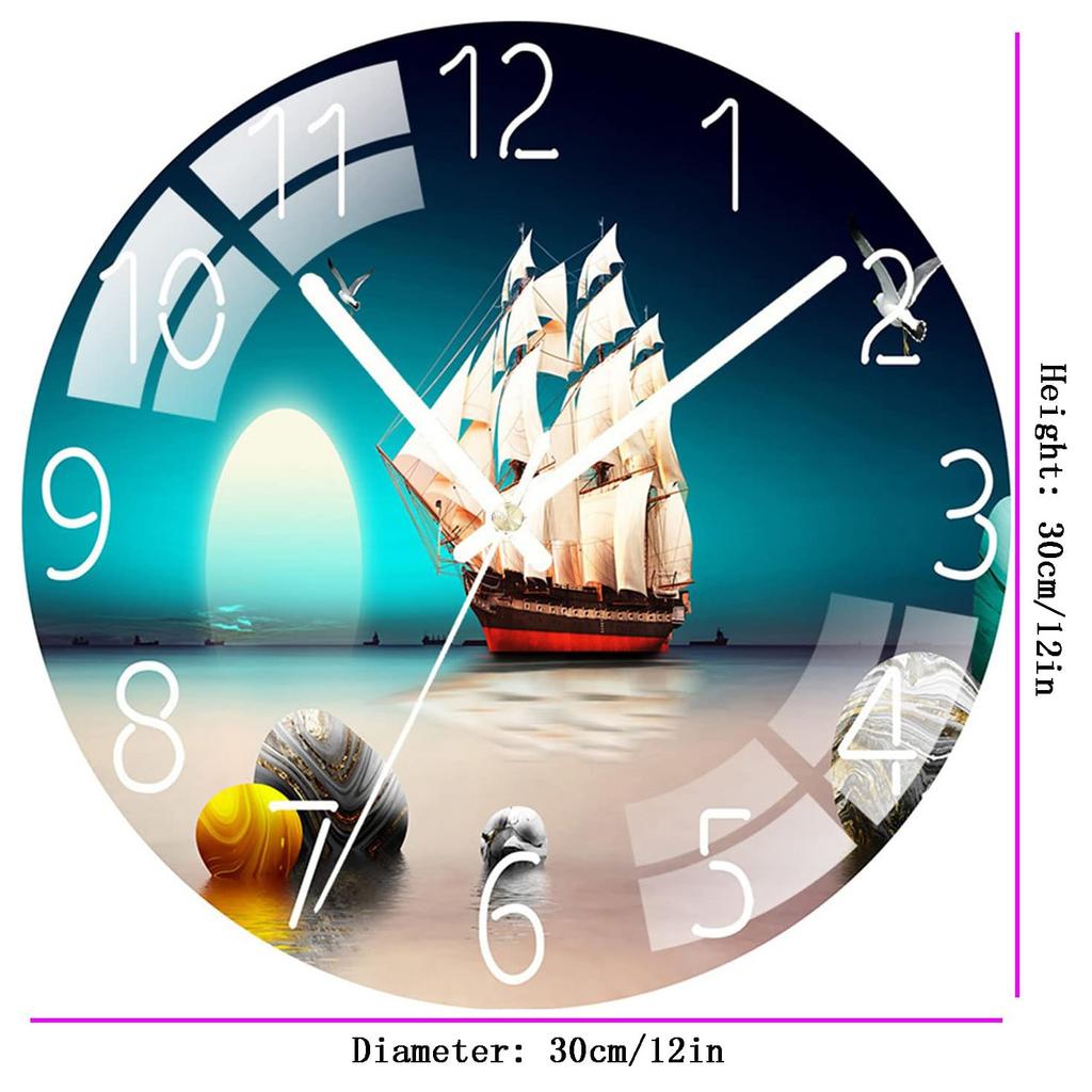 Ceas de perete digital cu zgomot redus, 30 cm/12 inch Ceas de perete cu barci cu pânze Ceas de cuarț Ceas liniștit și silențios pentru decorarea interioară a camerei copiilor