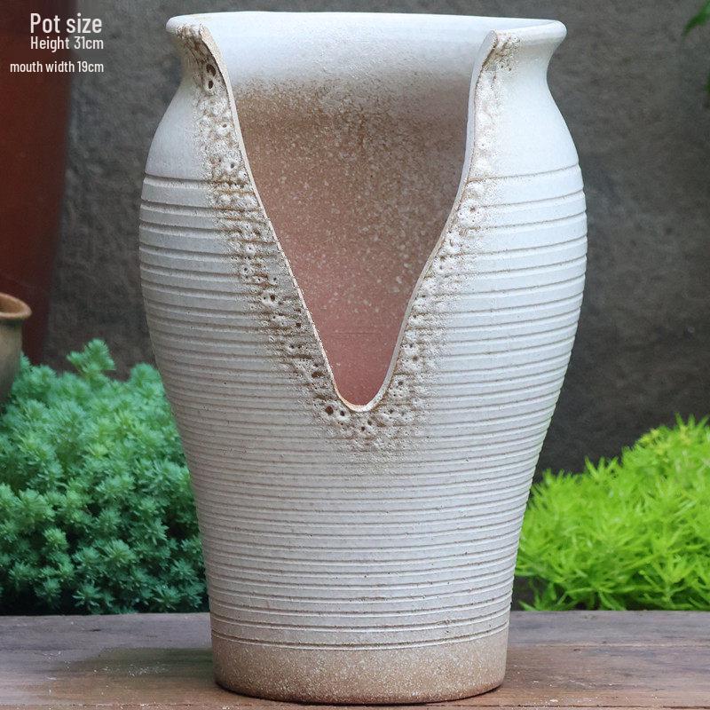 Large Handmade Coarse Pottery Succulent Flower Pot with Shallow Cut Opening