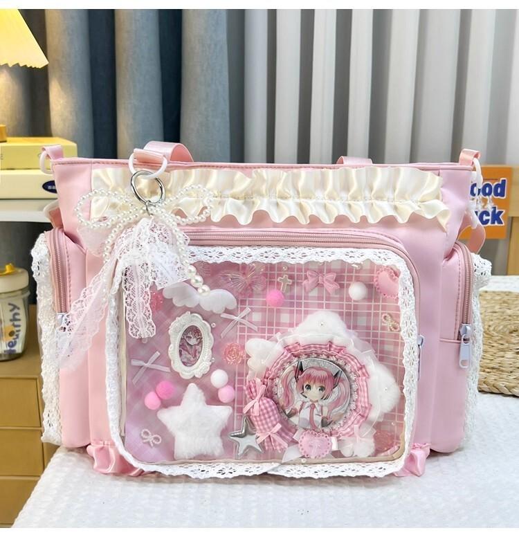 New Y2k Sweet Ita Shoulder Bag Lolita Girl Transparent Tote Bag Women Large Capacity Lace Crossbody Bag Cute DIY Display Handbag