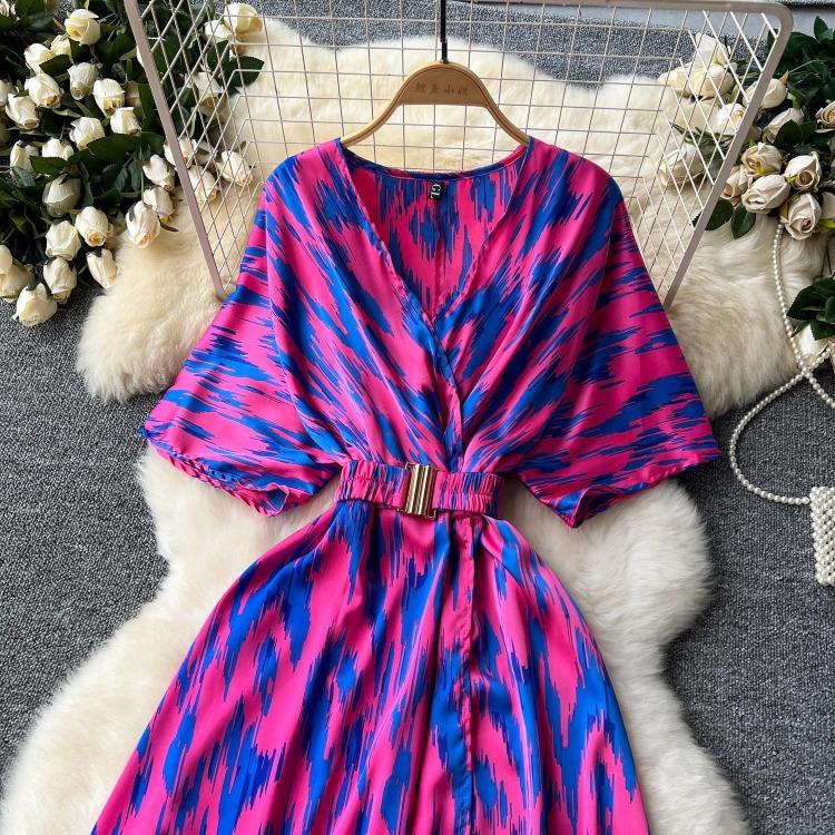 Vintage Elegant V Neck Split Print Short Sleeve Dress Chic Slim A Line Vestidos Summer Vacation Party Women Fashion Dresses