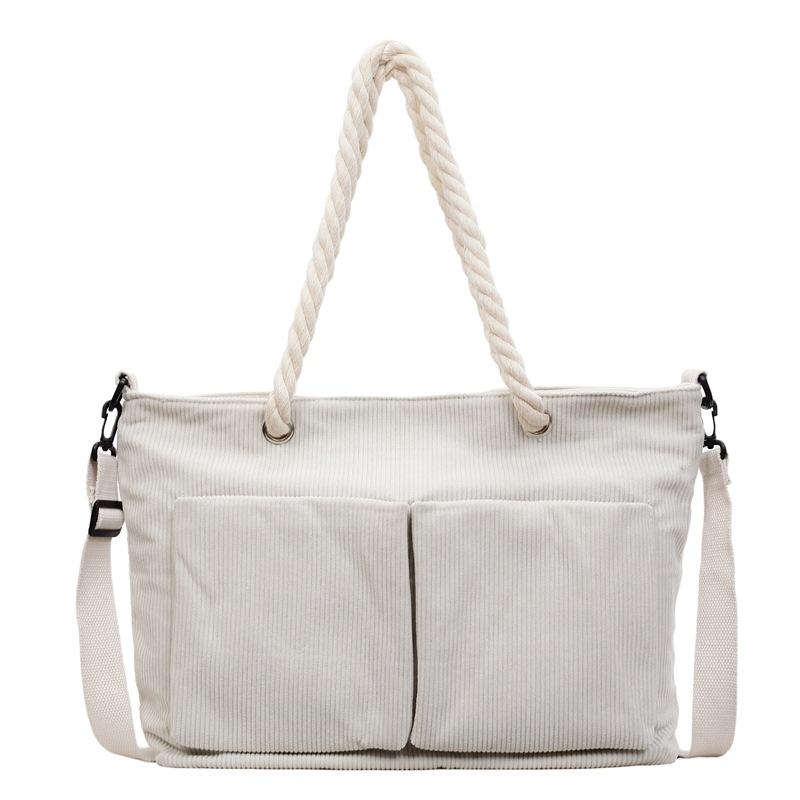 

Corduroy Tote Bag for Women – Soft Textured Shoulder Bag with Rope Handles and Front Pockets, Perfect for Casual Outings бежевий