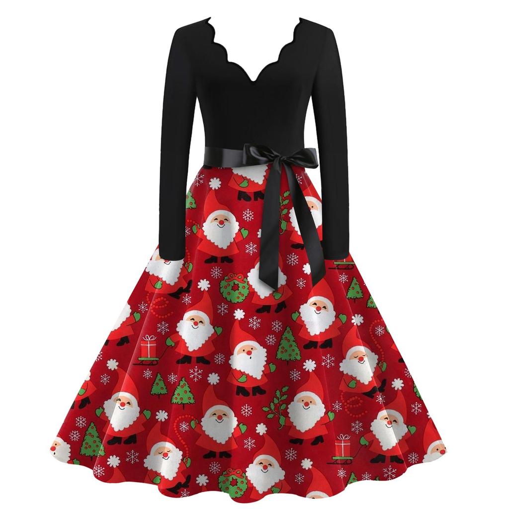 Ladies Casual Fashion Christmas Print V-Collar  Vintage Dress