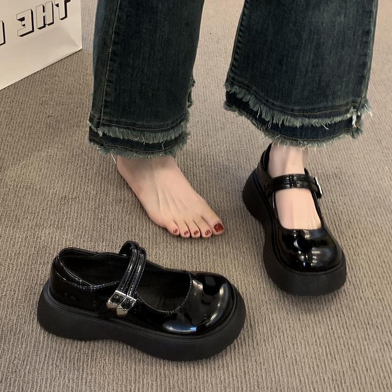 Black thick heel platform small leather shoes women's spring new French heightening Mary Jane shoes jk leather shoes high heels