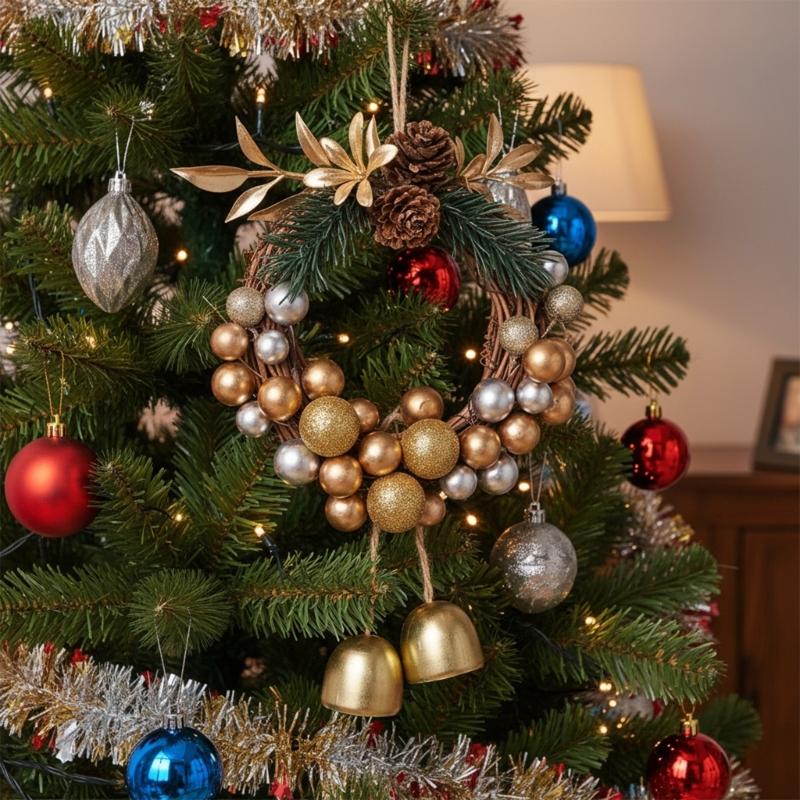 Hanging Wreath With Bells Pinecones Decorative Durable Holiday Decoration Christmas Scene