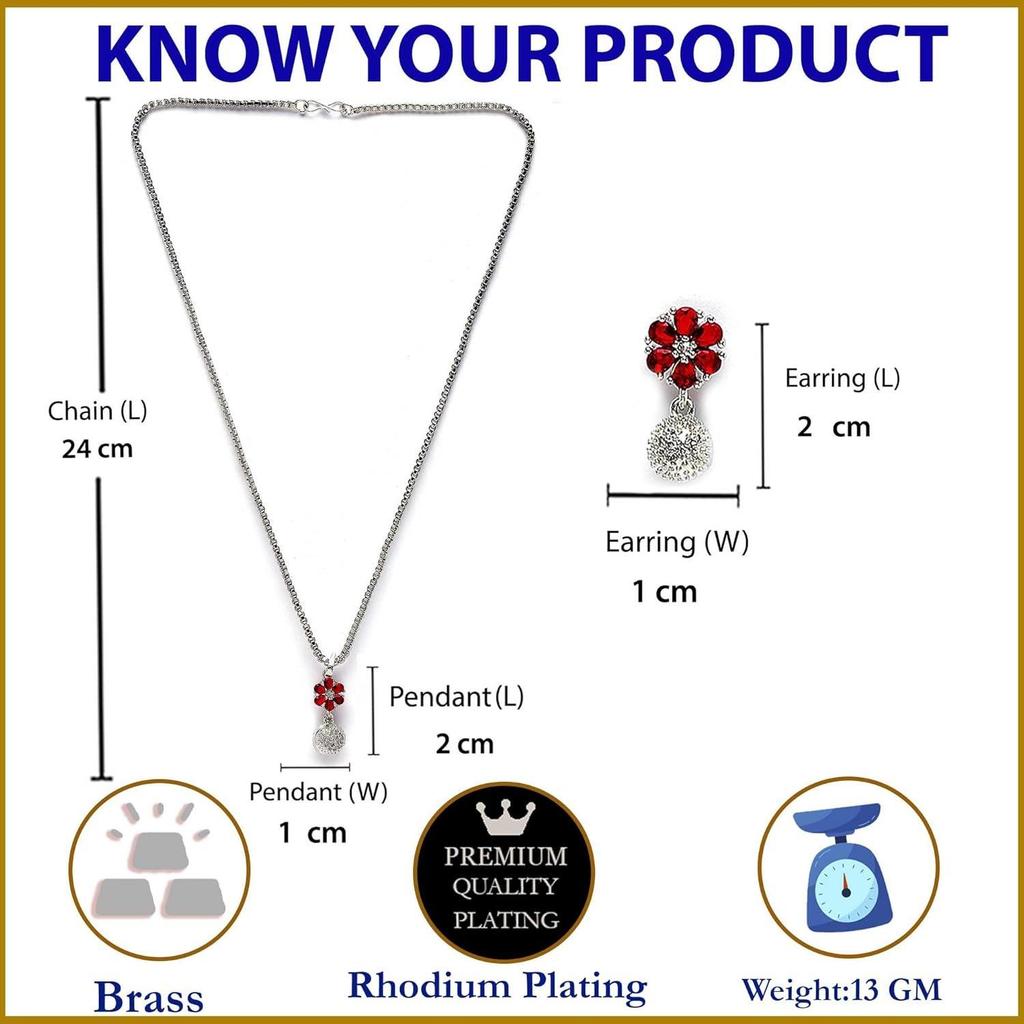 Rhodium-Plated Silver Toned Green Cubic Zirconia studded Floral Shaped Cute Pendant with Earrings Jewellery Set Women