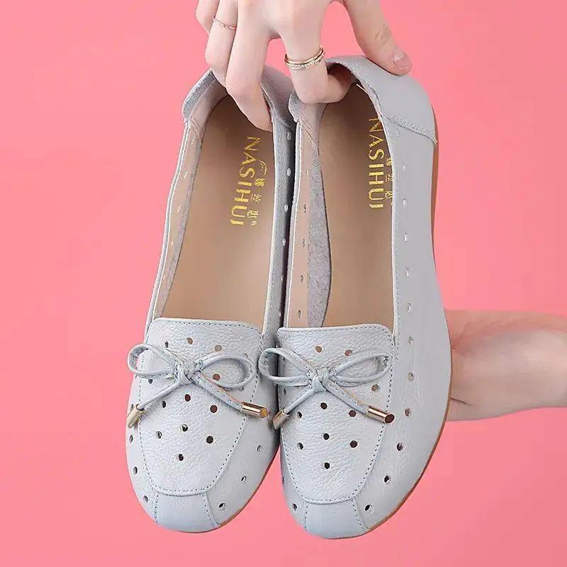 Fashion Round Toe Bow Flat Shoes Woman  Autumn Mother Breathable Comfortable Soft Leather Casual Shoes Zapatillas Mujer