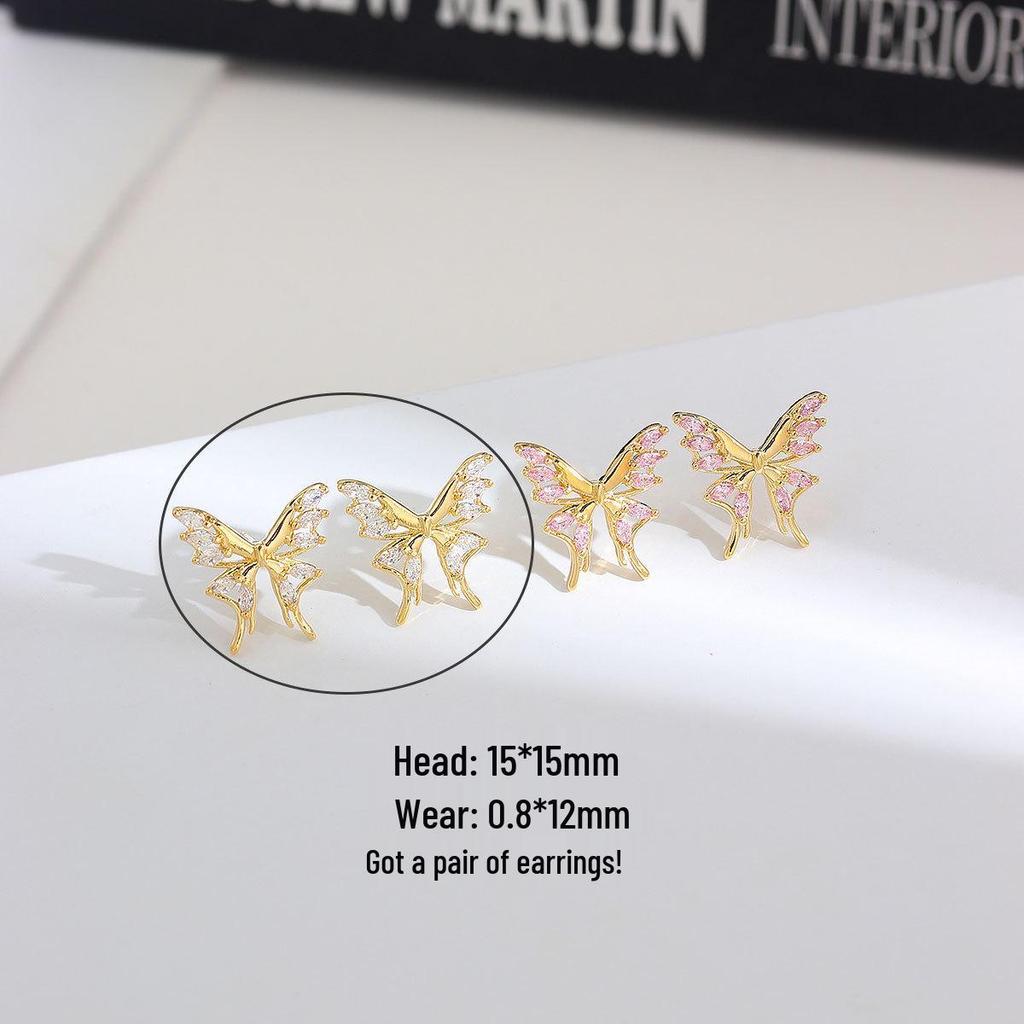 Gold-Plated Butterfly Ear Studs with Colored Zirconia - Luxury Fashion Earring