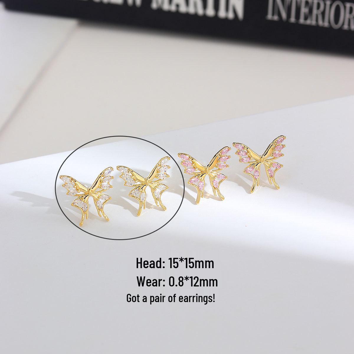 Gold-Plated Butterfly Ear Studs with Colored Zirconia - Luxury Fashion Earring Real Gold Plating, Long-lasting Color