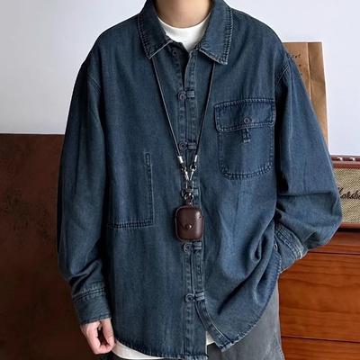 Retro Langarm Denimhemd Herren Waschen und Alt Revers Vielseitige Hemdjacke