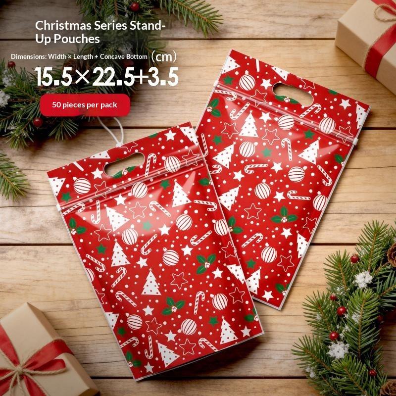 50Pcs Resealable Christmas Resealable Bags Christmas Plastic Sealing Bags With Handles For Xmas Holiday Party Candy